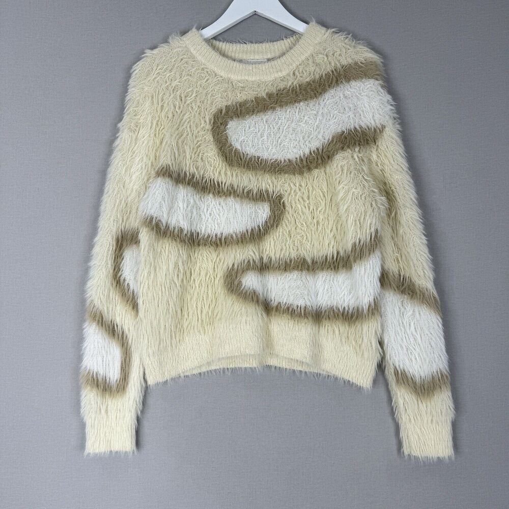 Storia Womens Sweater Small Beige Swirl Print Eyelash Fuzzy Cozy‎ Abstract Soft
